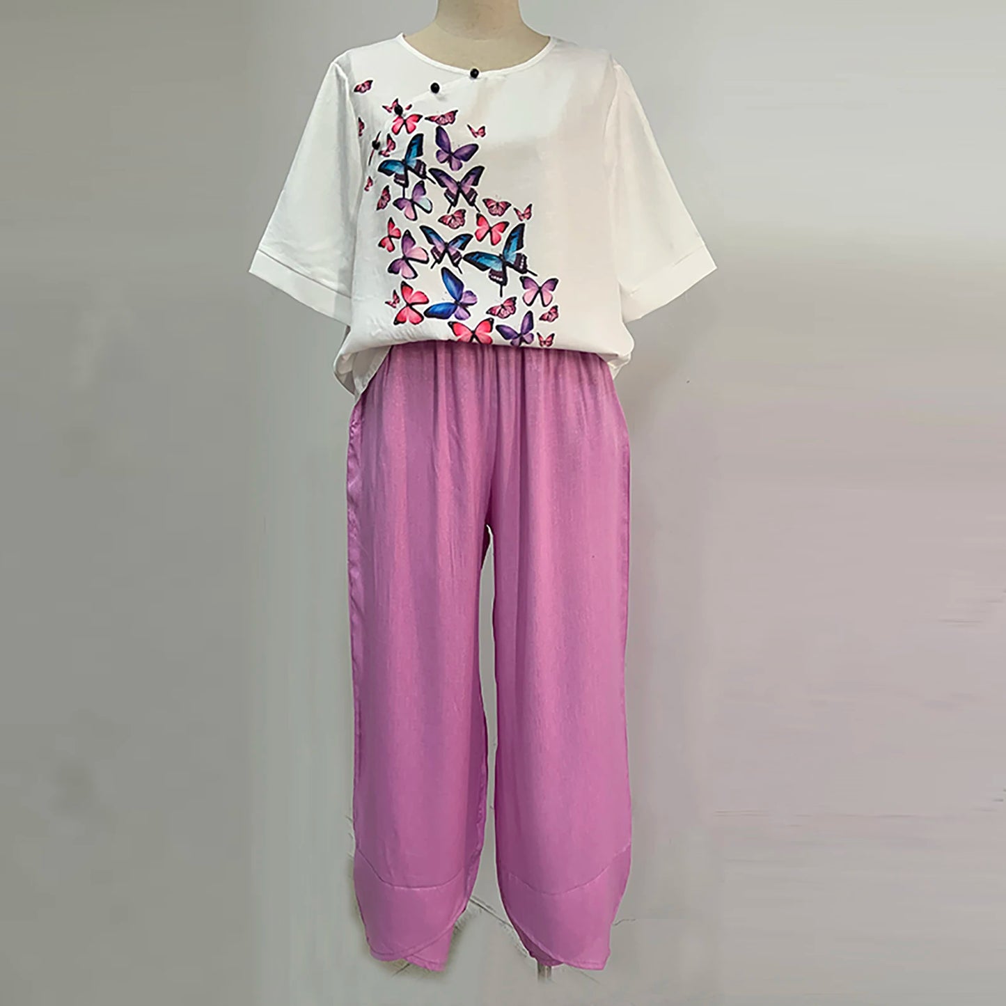 Elegant  Women Outfit Breathable Flower Pattern Blouse Trousers Half Sleeves Soft Blouse Pants Spring Clothes