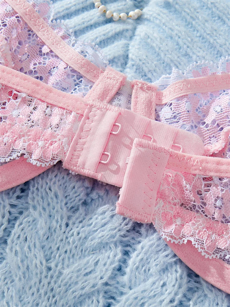 Fairy Lingerie Sweet Pink Bra and Panty Set Floral Lace Underwear elegant Lingerie 2 Pieces Push-Up Bra Ultra Thin Female Underwear