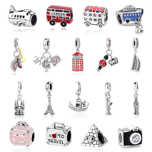 Originale 925 Sterling Silber Charms Liebe Reise London Bus Koffer Paris Perlen passen für Pan Armbänder Halsketten Frauen DIY Schmuck