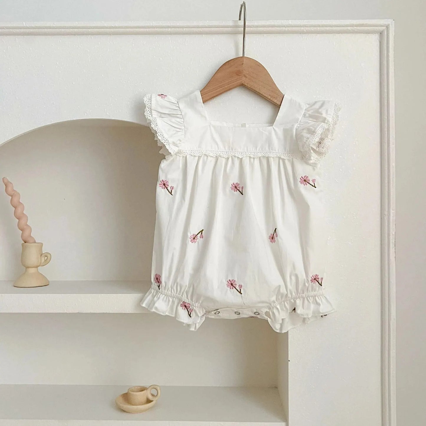 New Summer Collection: Newborn Girls' Lace Flutter Sleeve Embroidered Floral Cotton Jumpsuits, Adorable Infant Bodysuits