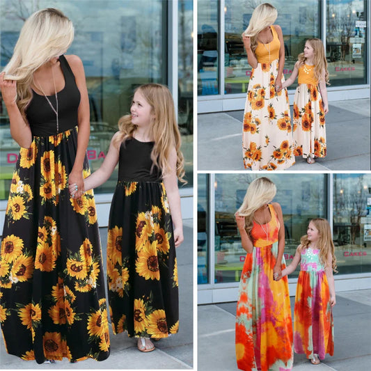 Mother Daughter Matching Dresses Family Sets Floral Fashion Woman Girls Long Dress Outfits Sleeveless Family Look Dress