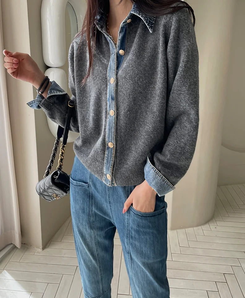 BigLargiCN Strickcardigan Herbst Denim Patchwork Damen Korean Stil - Gewicht 120–220 g/m² Länge Regular Lockere Passform