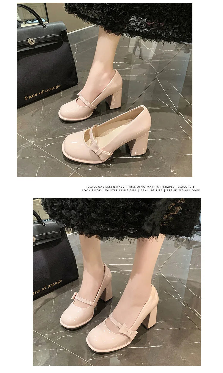 Elegant Heel Shoes Ladies 8cm High Heel Bowknot Solid Mary Jane Zapatos Adult Dress Pink White Black Cosplay Footwear