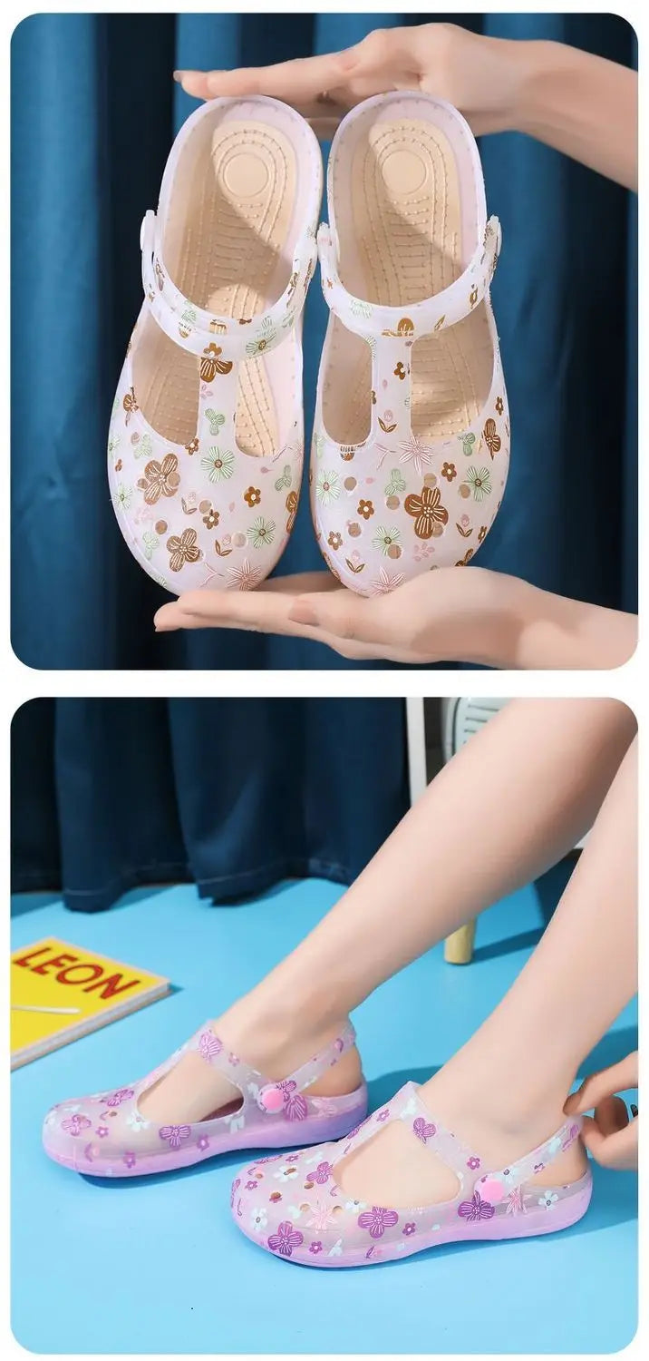 Women's Pink Floral & Butterfly Print Transparent T - Strap Jelly Sandals - Comfortable & Stylish Summer Printed Hole Shoes