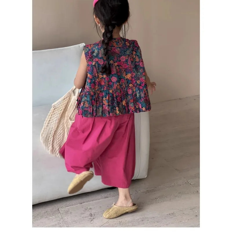 New Summer Infant Baby Girl 2PCS Clothes Set Cotton Floral Print Sleevelss T-shirt Suit Solid Soft Wide Leg Pant Kid Girl Outfit