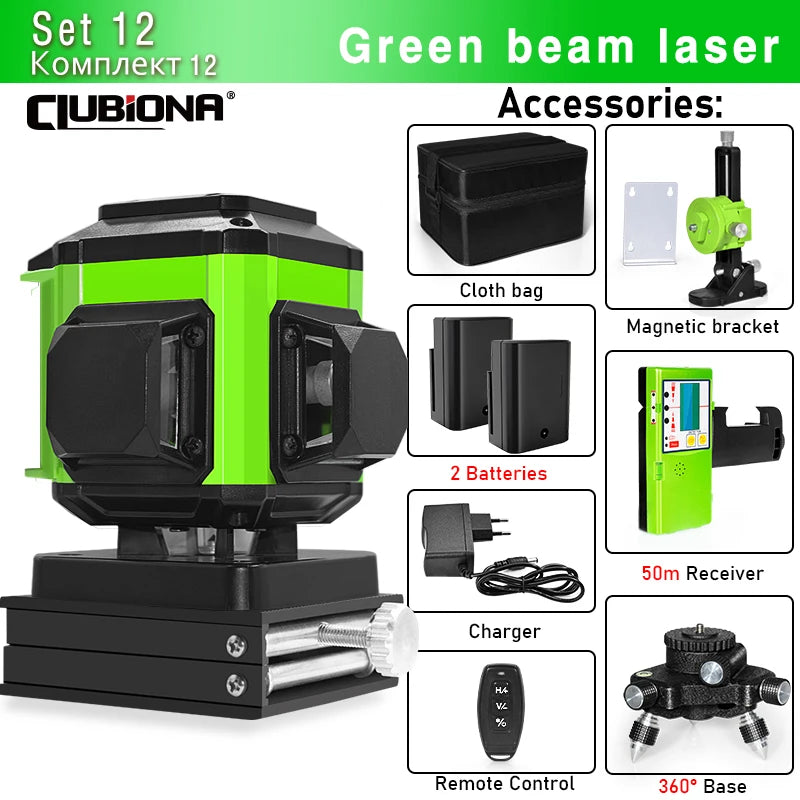CLUBIONA 16/12 lines Self-leveling Remote Control Outdoor Mode - Receiver Auto 3x360 Green beam Line Laser Level