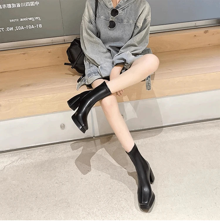 Ohmmayby Vintage Square Toe Damen Stiefeletten Mit Reißverschluss Hinten - Größe EU 37-41, Absatzhöhe 5-8 cm, Knöchelhöhe