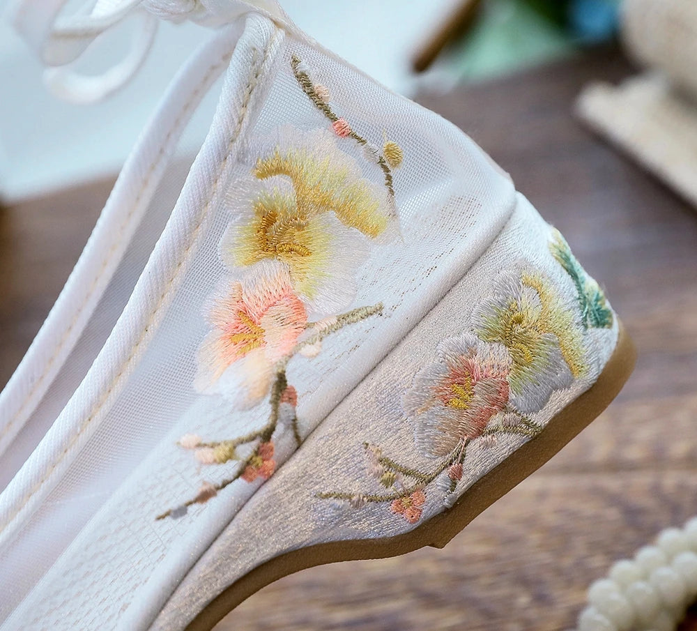 Ballerinas 2025: Veowalk Long Ankle Strap Summer Women Gauze Mesh - Embroidered Ballet Flats Breathable Comfortable Walking Shoes Elegant Lady Collection