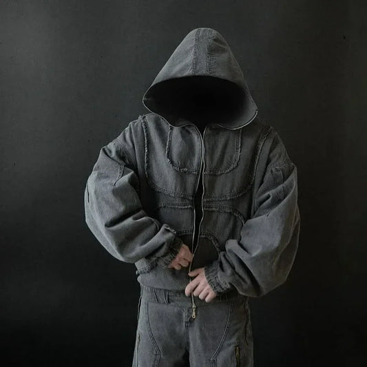Jachetă din denim spălată, model american, cu fermoar dublu, cu cusături tip flanșă, design streetwear, gotic, stradă principală, pulover unisex supradimensionat