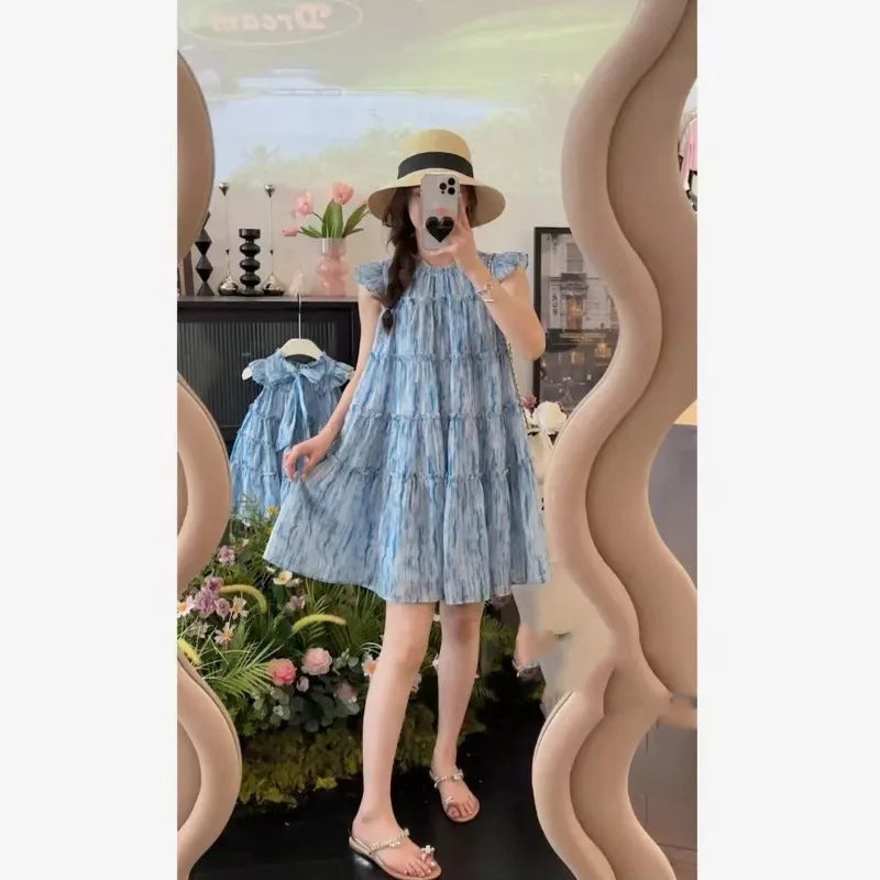 Rochie drăguță de vară pentru familie, asortată, cu mâneci evazate, guler rotund/fără umeri, lungime genunchi, pentru fiică-mamă, H6159