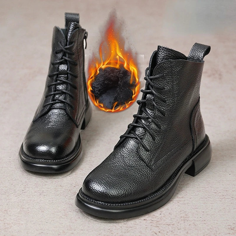 Frühling Dame Knöchel Stiefel 2025 - Echtes Kuh Leder Platform Schuhe - Frauen Winter Jugend Mädchen Weiche Sohle Dicke Absatz Ritter Schnee Stiefel