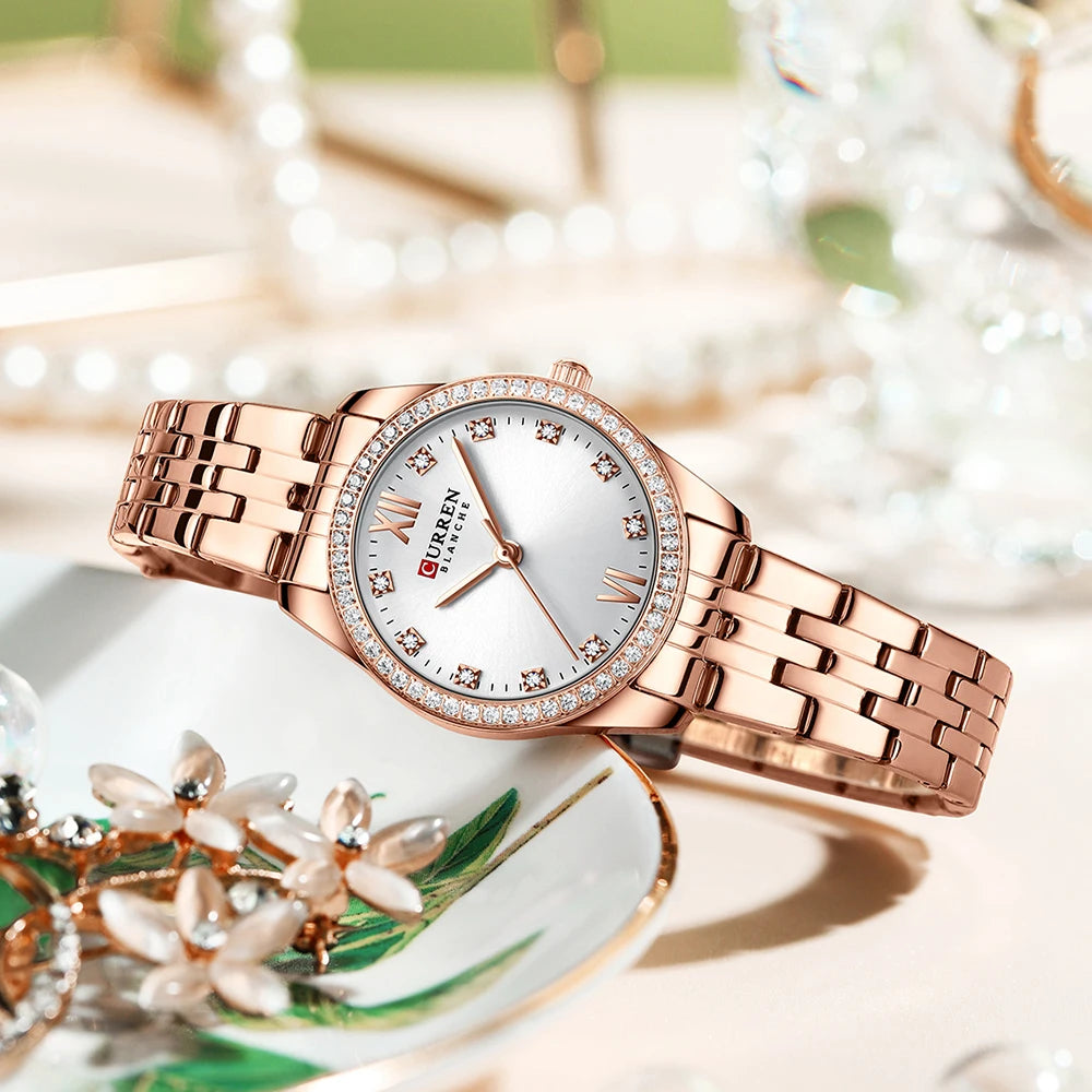 CURREN Luxus Uhr Damen Ring Halskette Ohrringe - Strass Mode Armbanduhr Weiblich Casual Damen Uhren Armband 5-teiliges Set