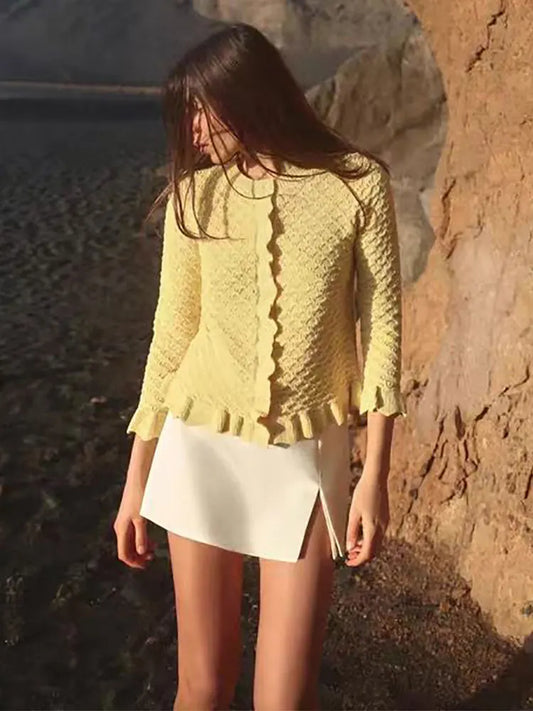 GACVGA Rüschen Strickjacke Chic - Slim Fit, 3/4-Ärmel, M