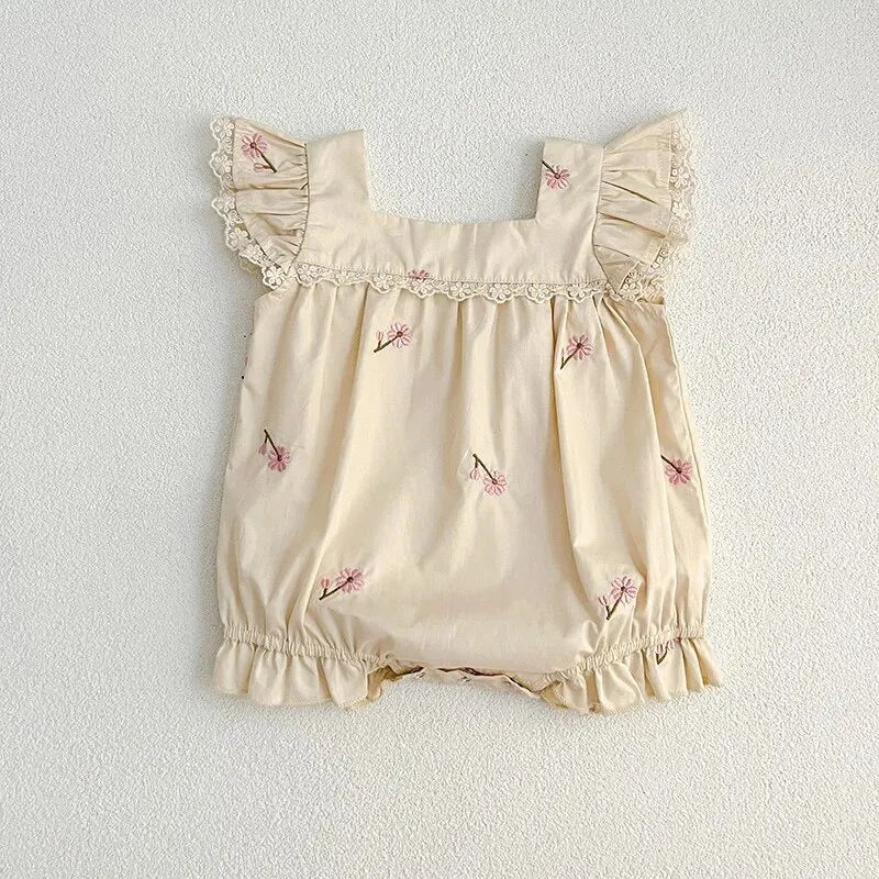 New Summer Collection: Newborn Girls' Lace Flutter Sleeve Embroidered Floral Cotton Jumpsuits, Adorable Infant Bodysuits