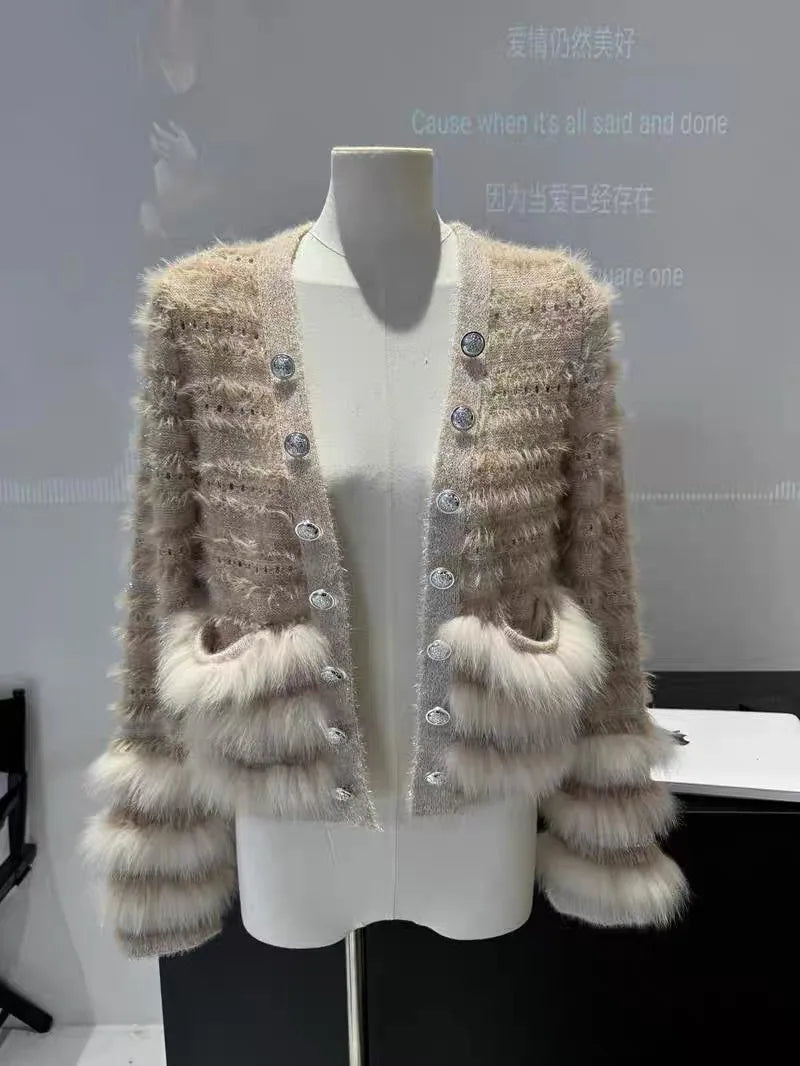 Seoulia V-Ausschnitt Pailletten-Pulli - Gr. M, Stretch, lang