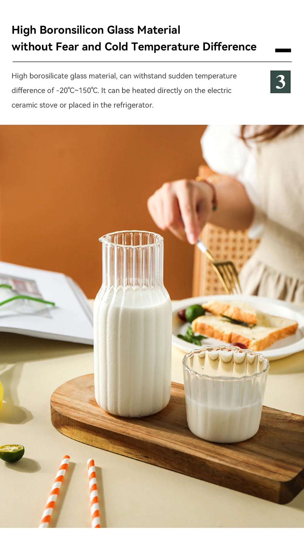 Glass Water Bottle with Glass Cup Set Drinkware Bedside Carafe with Tumbler Glasses Drinking Pitcher for Milk Beverage Tea