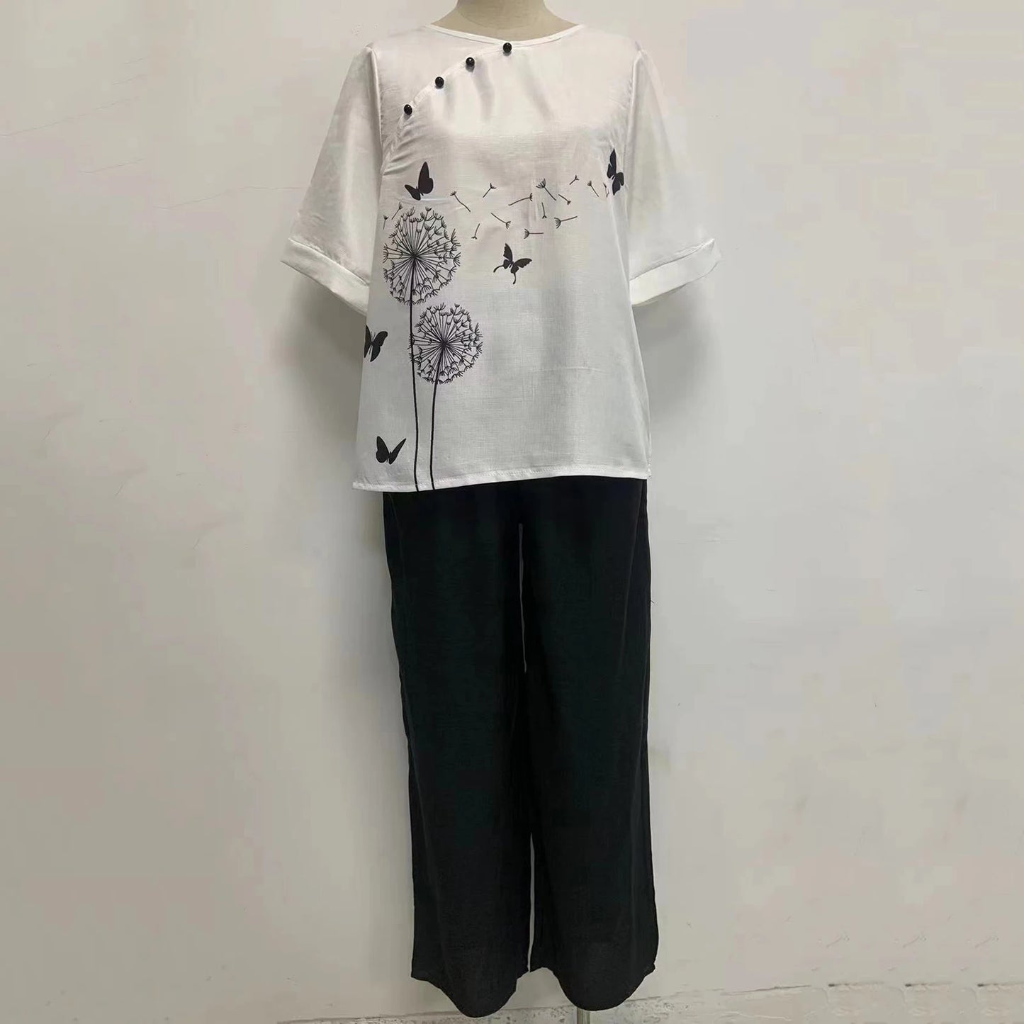 Elegant  Women Outfit Breathable Flower Pattern Blouse Trousers Half Sleeves Soft Blouse Pants Spring Clothes