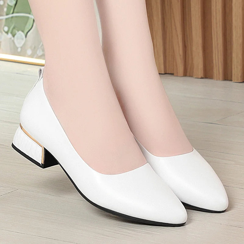 Simple Soft Leather Thick Heel Single Shoes For Women In Summer New Pointed Toe Low Heel White Work Shoes Elegant Comfortable