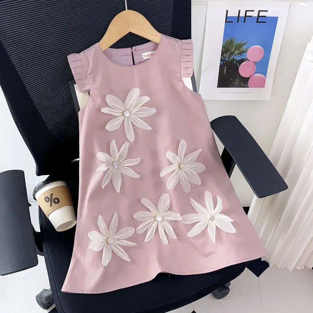 Kids Dresses for Girls 3D White Flower Princess Dress Girls' Pink Clothes Summer New Casual Vest Dress Flower Girl Dresses - Golden Bridge Store