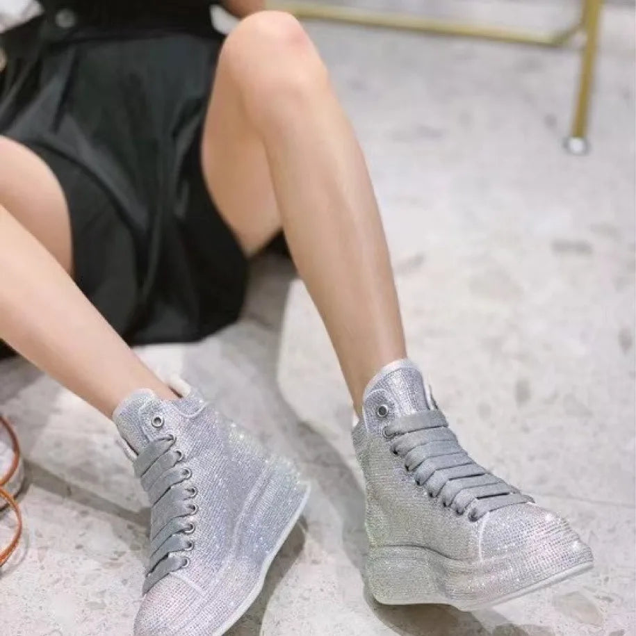 Fashion Sneakers Women Trend 2022 New Spring Autumn Platform Lace Up Rhinestone Women Casual Shoes Fashion Shiny Ladies Shoes