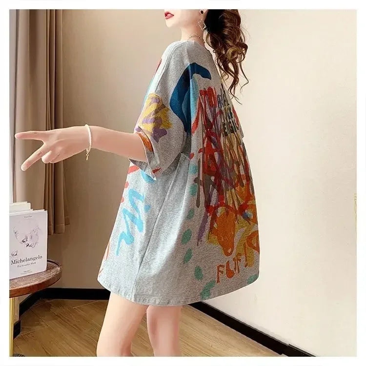 Sommer-T-Shirt 2025: Short-sleeved T-shirt Women's Pure Cotton Summer - New Loose Slim Round Neck Versatile Outside Printed Design Top Trendy Collection