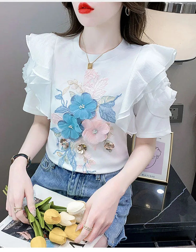 Ruffled White T-shirt Women's Short-Sleeved Floral Tshirt 2023 Summer New High-End Heavy Embroidery Flower Chic Top Tees
