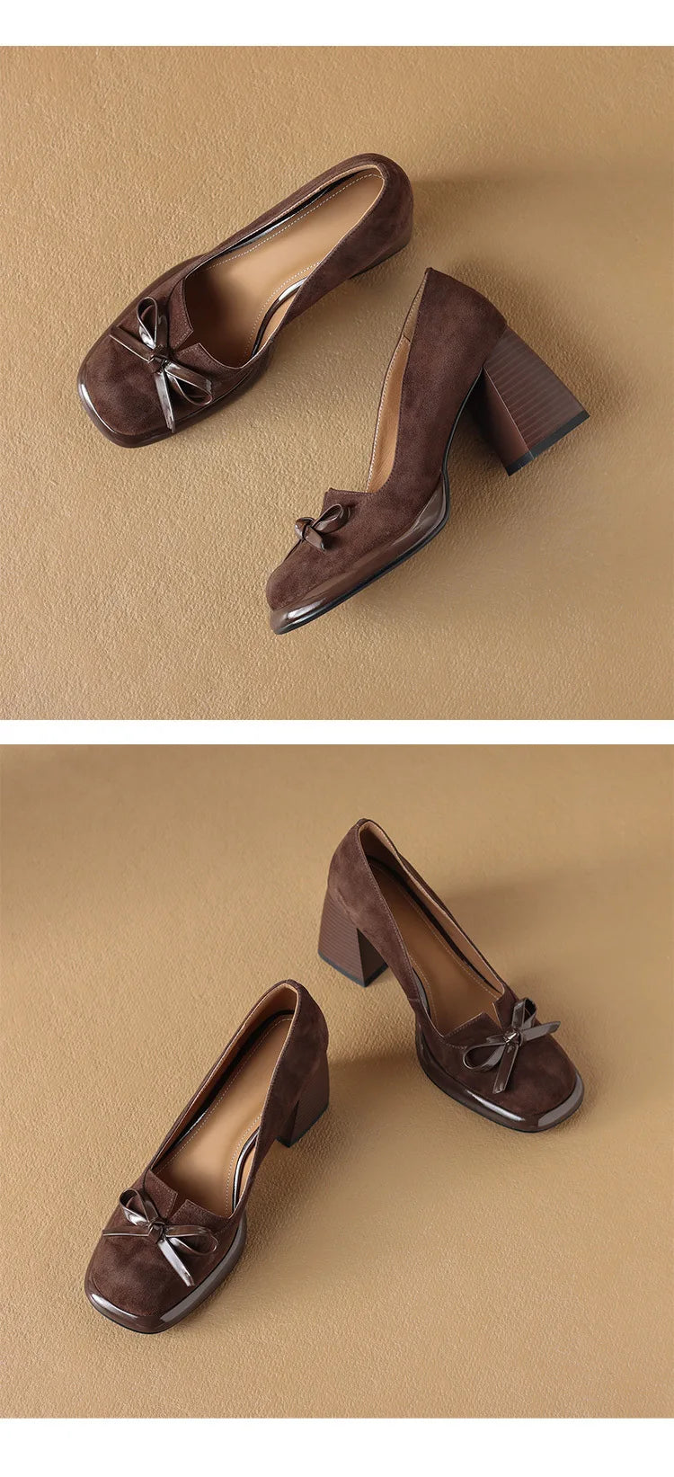 Women Shoes  Spring Retro High Heels Butterfly Knot Square Heel Faux Suede Commuting Elegant 6-8cm Pumps Tacones Para Mujer