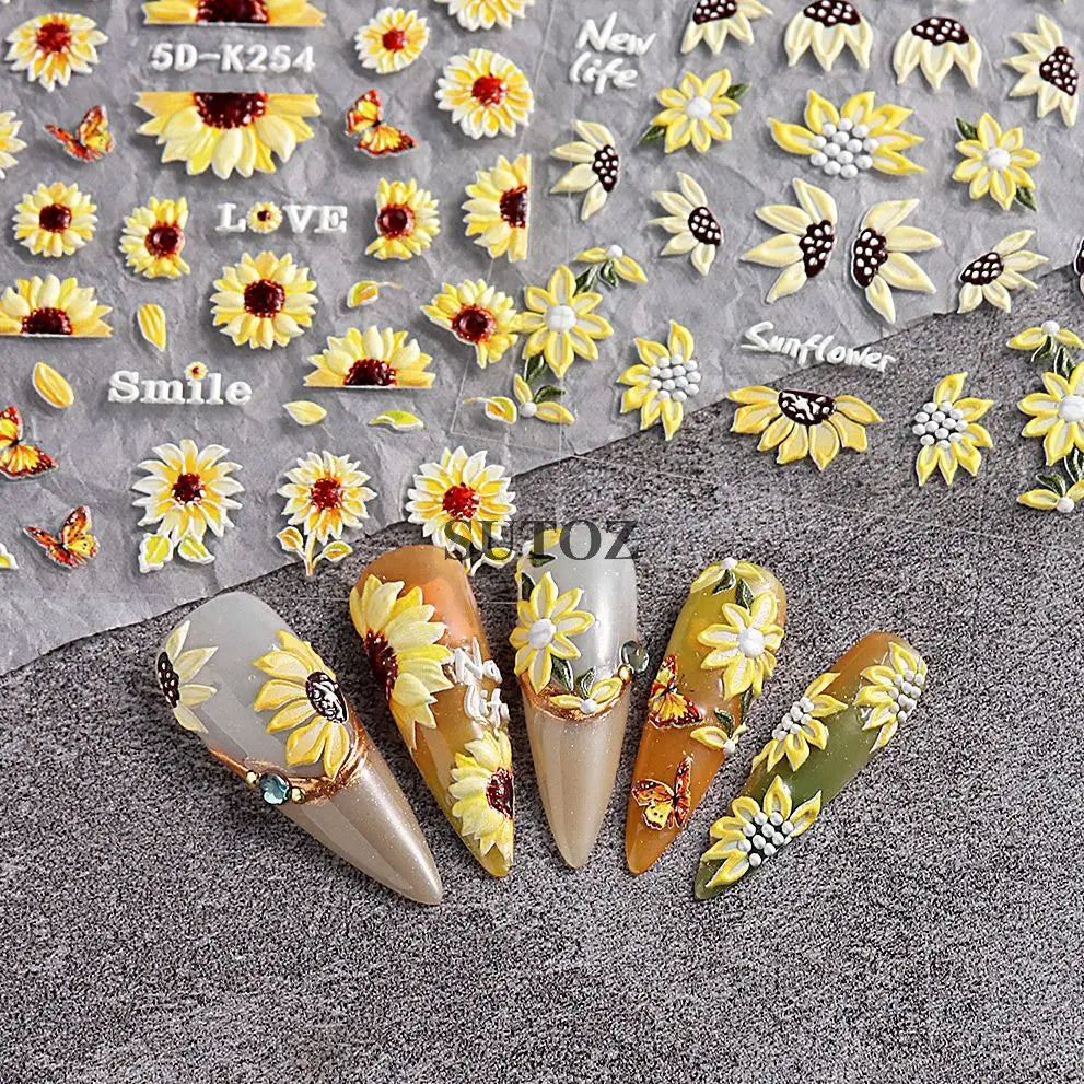 GL5D-K256 5D Sonnenblumen Nagelsticker - Herbstdesign Prägung