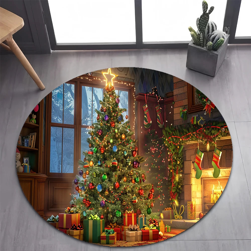 Cute Santa Claus Merry Christmas Tree Cartoon Festival Gift Round Carpet Rug for Bedroom Living Room Decoration,Decor Floor Mat