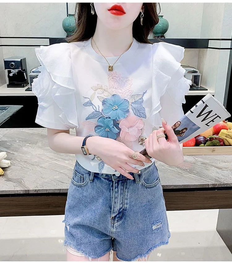 Ruffled White T-shirt Women's Short-Sleeved Floral Tshirt 2023 Summer New High-End Heavy Embroidery Flower Chic Top Tees