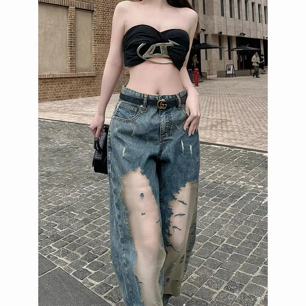 Jeans Women Fashion Lace Patchwork Embroidery Vintage Loose Women Jeans Pants