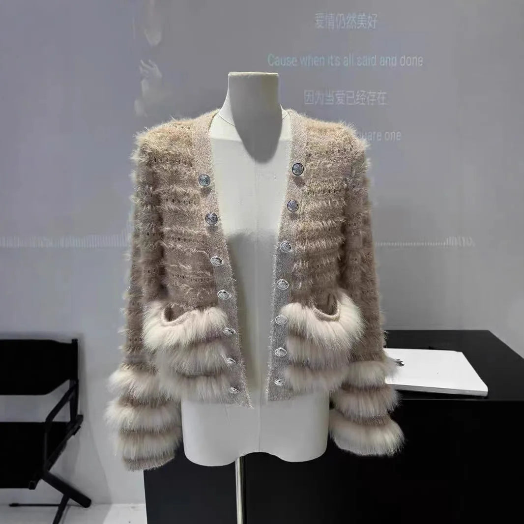 Seoulia V-Ausschnitt Pailletten-Pulli - Gr. M, Stretch, lang