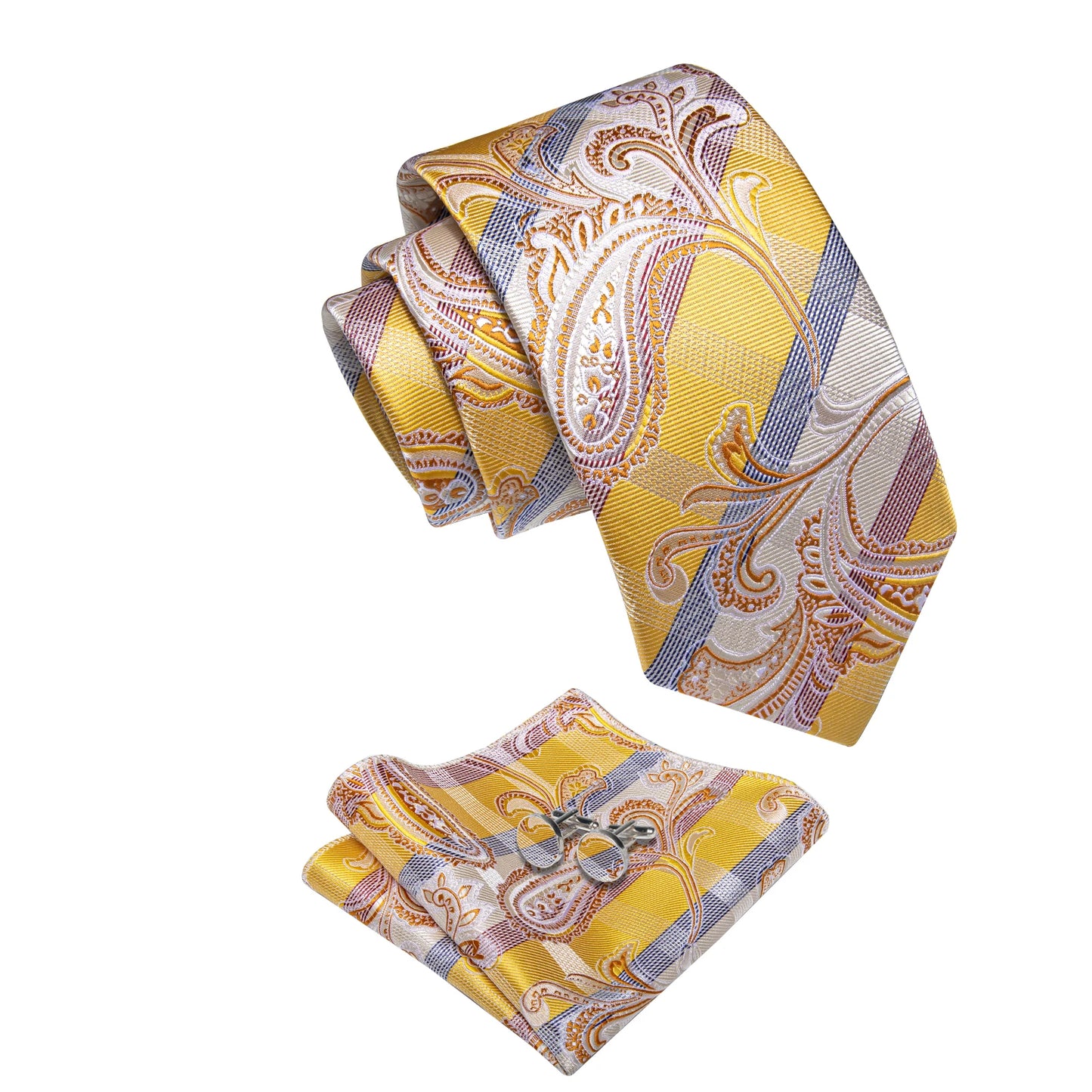 Luxury Yellow Striped Necktie with Pocket Square Cufflinks for Business Party Wedding Unique Design Paisley Tie for Man Gift