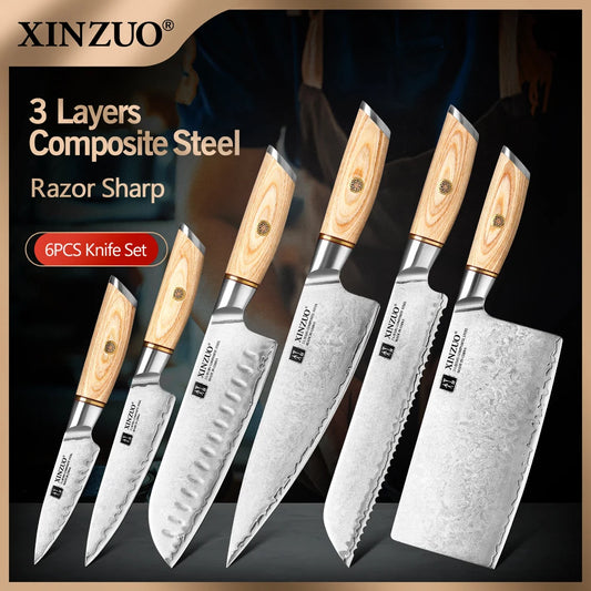 XINZUO 1-6PCS Pro Kitchen Knife Set – 10Cr15CoMoV Steel Core Blades & Japanese Pakkawood Handle for Ultimate Precision