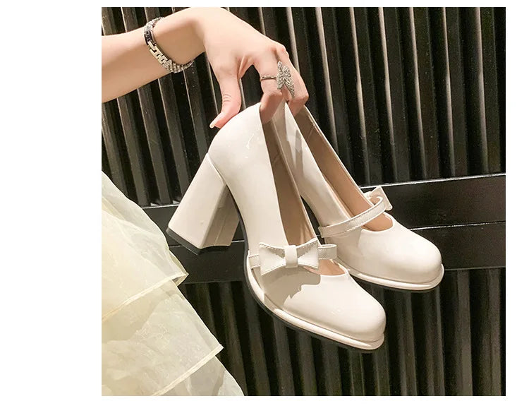 Elegant Heel Shoes Ladies 8cm High Heel Bowknot Solid Mary Jane Zapatos Adult Dress Pink White Black Cosplay Footwear