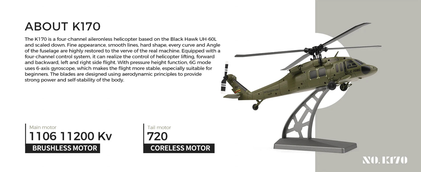 Wltoys K170 RC elicopter UH-60L 4 canale telecomandă elicoptere fără perii cu giroscop și lumină LED durabilă avion jucărie