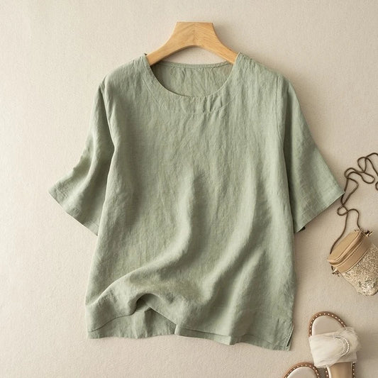 Cotton and Linen T-shirts Loose Vintage Round Neck Short Sleeved Women Top 2025 Summer New Casual Solid Color Oversized T-shirt