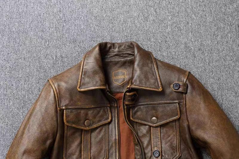 Men's Genuine Leather Jacket Natural Cowhide Hunting Jacket First Layer Cowhide American Retro Motorcycle Jacket Short Jacket