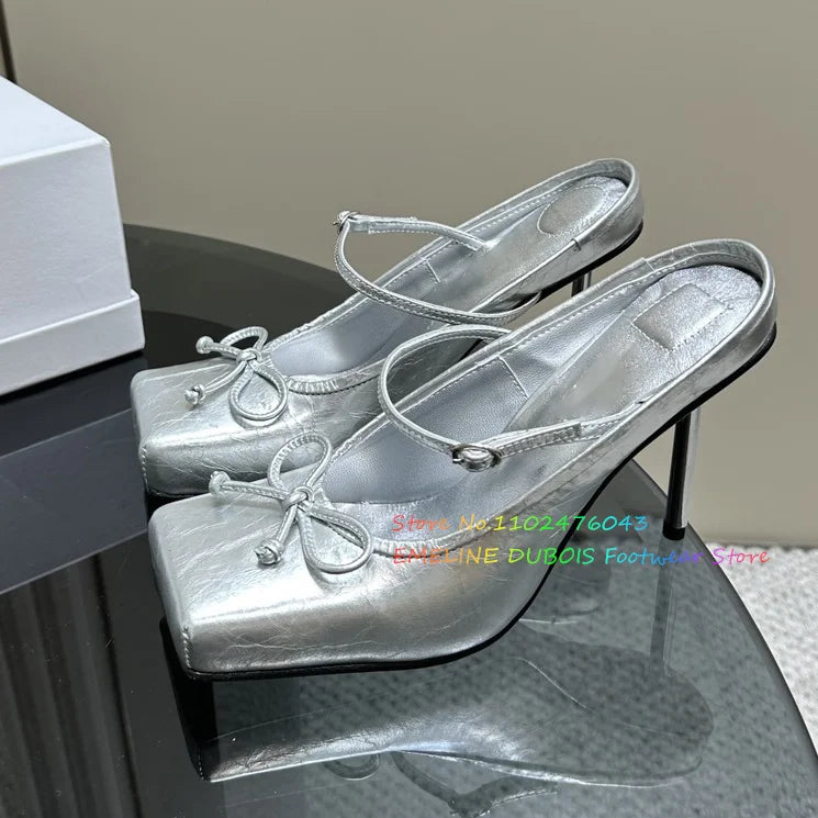 Elegant Women's Formal Shoes Square Toe Bow Tie High Heels Golden Elastic Strap Summer Vintage Mary Janes elegant Party Shoes