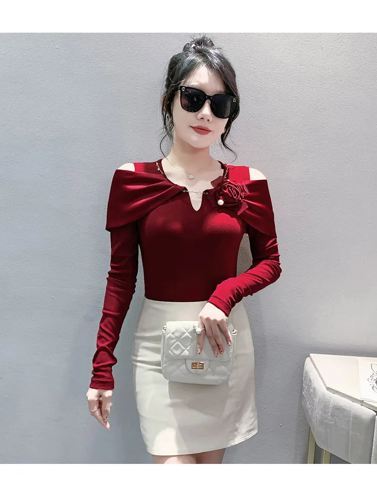 Women T-shirt Fashion T Shirt Cotton Slim Tee For Ladies Autumn Clothing New Long Sleeve Beading V-Neck Tops