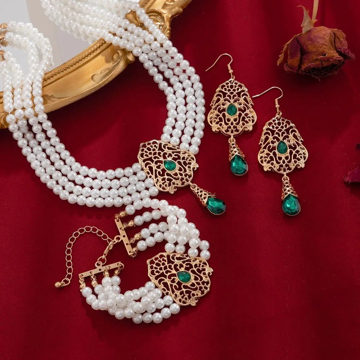 KunJoe Luxus Mehrschichtig Imitation Perlen Halskette Armband Ohrringe Frauen Wassertropfen Grün Strass Choker Hochzeit Schmuck Set
