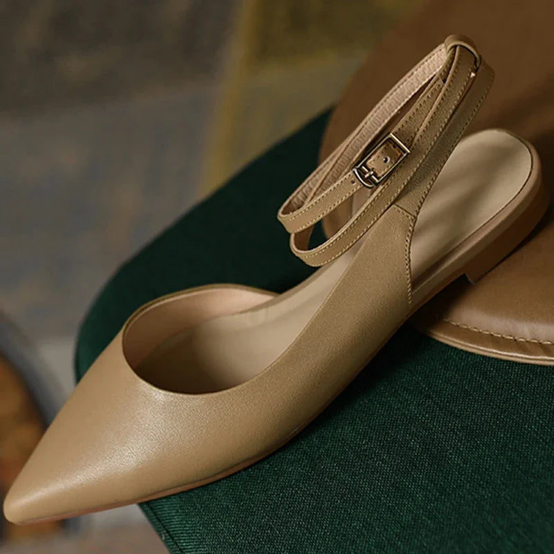 New 2025 Summer Trend Women Sandals Genuine Leather Slingbacks Closed Pointed Toe Apricot Beige Flat Shoes Ankle Strap Ladies