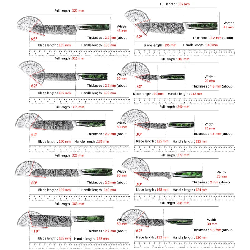 Super Sharp Damascus Pattern Kitchen Knife Set High Quality Chef Santoku Boning Paring Knife Series Green Resin Handle Nice Gift