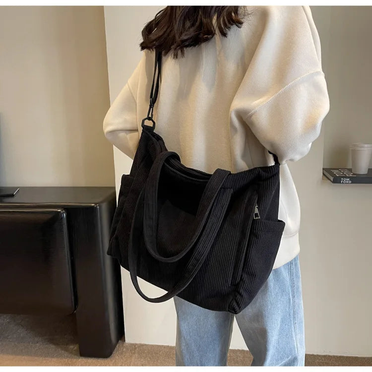 Fashion Versatile Shoulder Bag College Wind Commuting Corduroy Square BagUnisex Large Capacity Leisure Portable Crossbody Bag