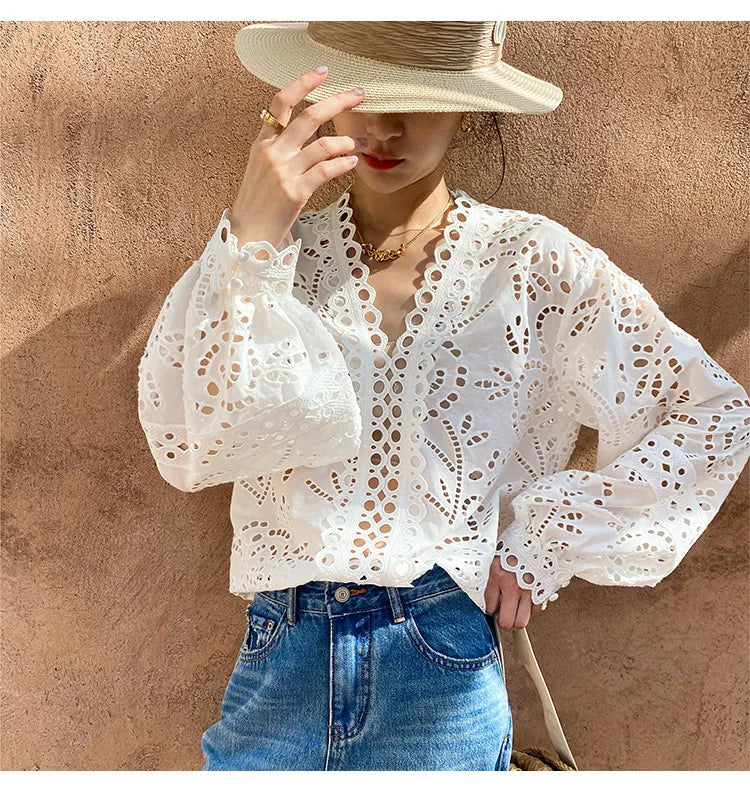 Floral Eyelet Embroidery White Blouse Women's Long Sleeve V-Neck Casual Cotton Shirt 2025 Spring/Summer New in Holiday Clothes