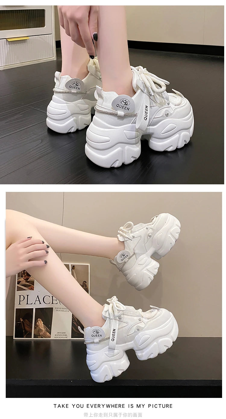 White Chunky Sneakers Women New Autumn Hidden Heel Platform Sports Dad Shoes Woman Lace Up Breathable Mesh Casual Shoes 9.5CM