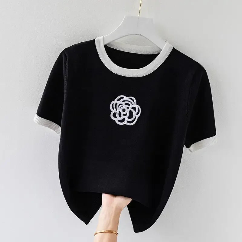 Knitted T Shirt for Women Summer Flower Embroidery Designer Luxury Clothes Slim Tops Women's Short Fashion Short Sleeve T-shirt - Golden Bridge Store