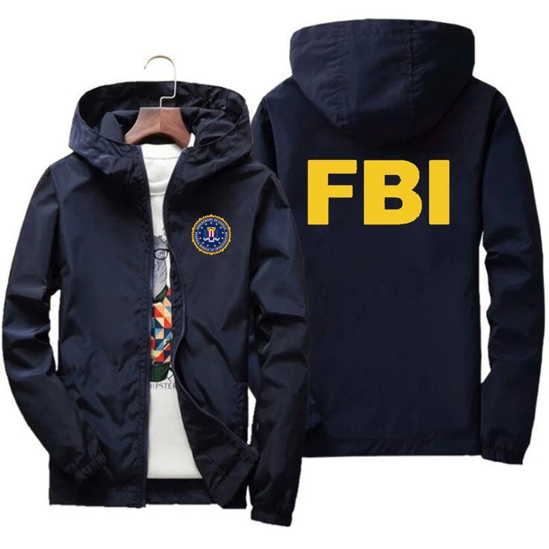 Jachetă bomber cu design grafic FBI - Mărimea M, cu fermoar ușor