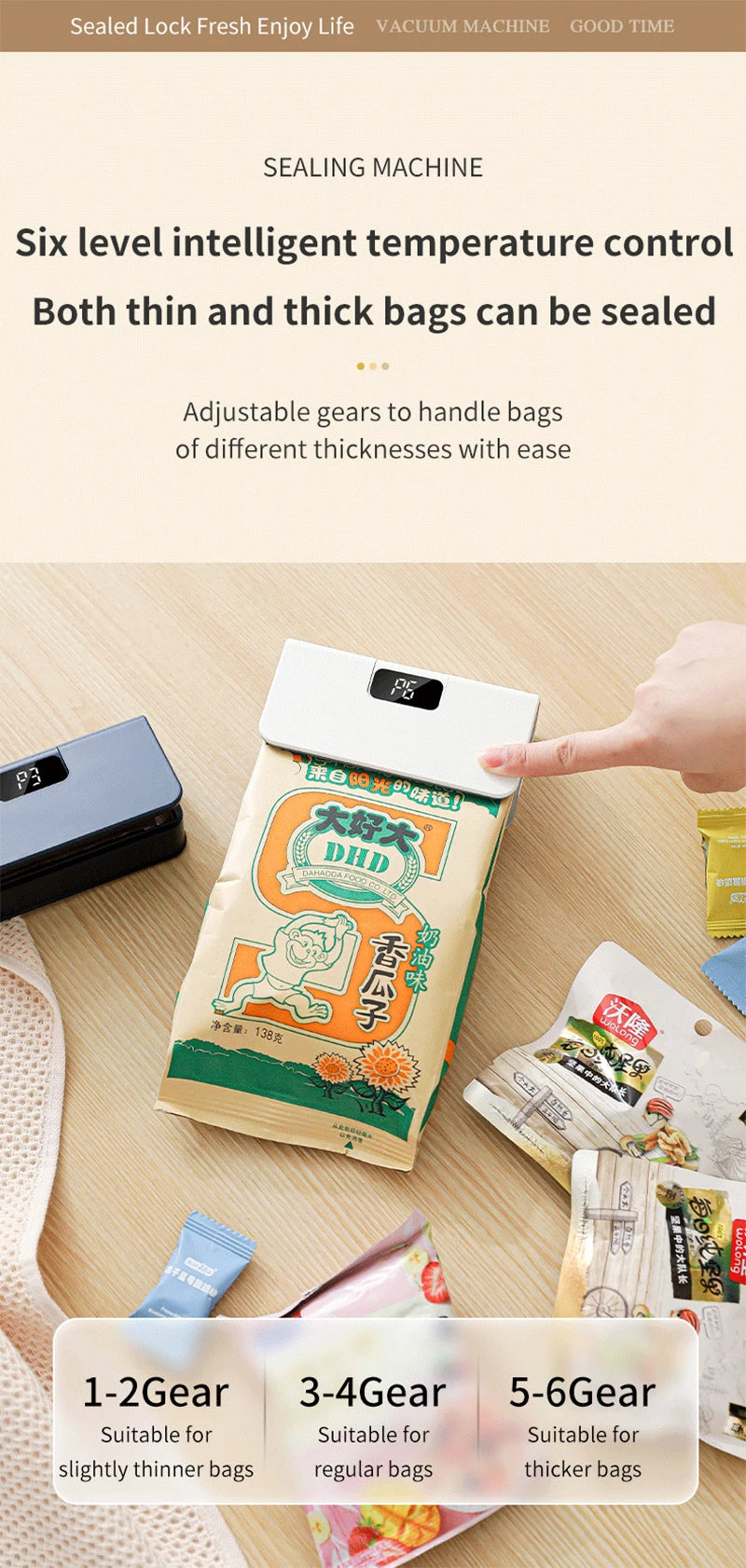 Mini Heat Bag Sealing USB Plastic Bags Sealer Machine 2 in 1 Handheld Food Package Bags Sealer With 6 Gear LED Display