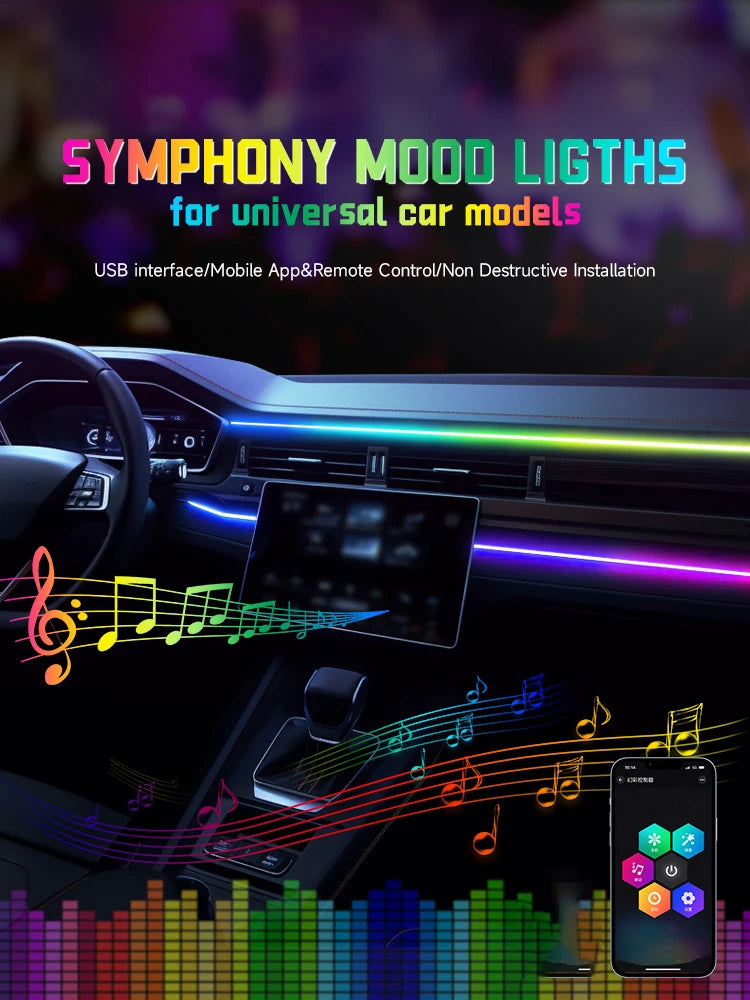 Auto-Ambientelicht 2025: RGB USB Car Interior Ambient Light Rainbow - Acrylic Strip LED Symphony APP Music Control Decorative Dashboard Atmosphere Lamp Collection